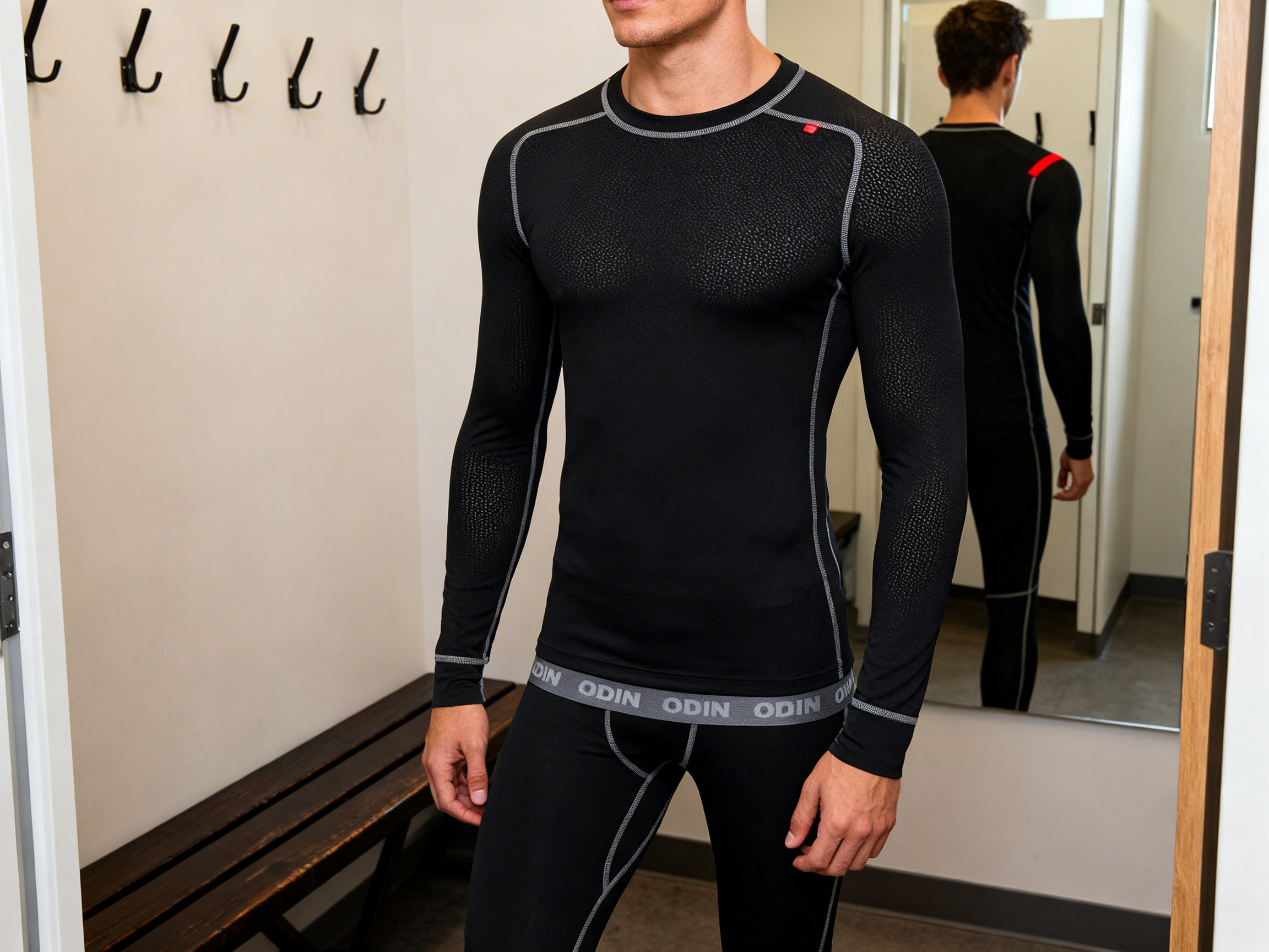 man draagt odin werkkleding thermoshirt en legging in kleedkamer rox werkkledij pbm